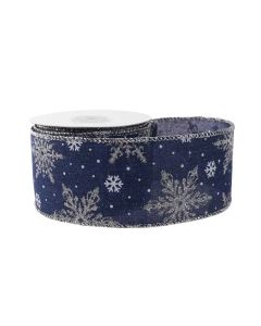 Dark Blue Silver Snowflakes Ribbon - 63mm x 10yds