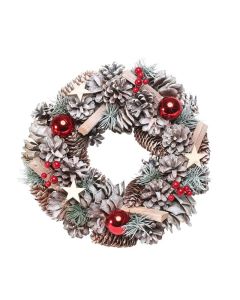 Woodland Snow Wreath with Red Baubles - 30cm
